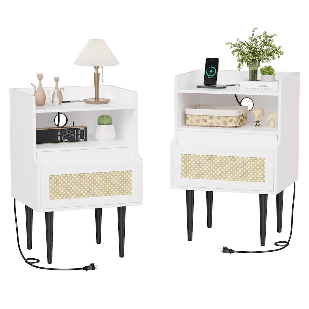 Nightstand Set of 2, Rattan End Table with Charging Station, 2 Open Shelves Beside Table with Drawer and Solid Legs