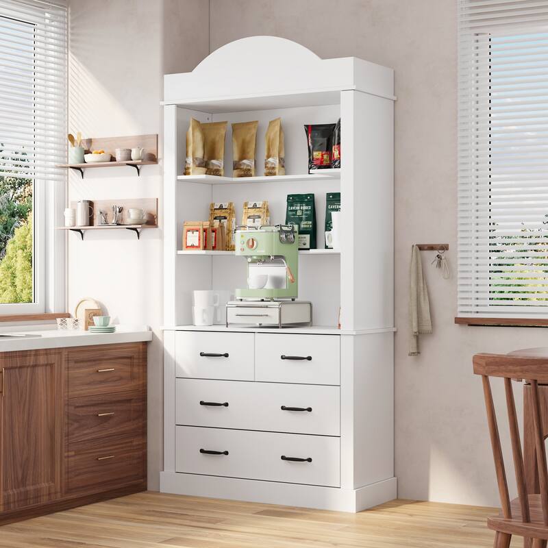 Coffee Cabinet with Hutch, Storage Drawers & Open Shelves, Kitchen Hutch Display Cabinet for Coffee Bar Pantry