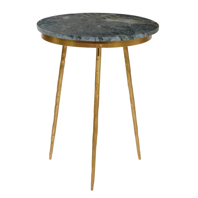 Marble Accent Table with Gold Metal Tripod Legs and Zig-Zag Detail - Green - Roche River Decor