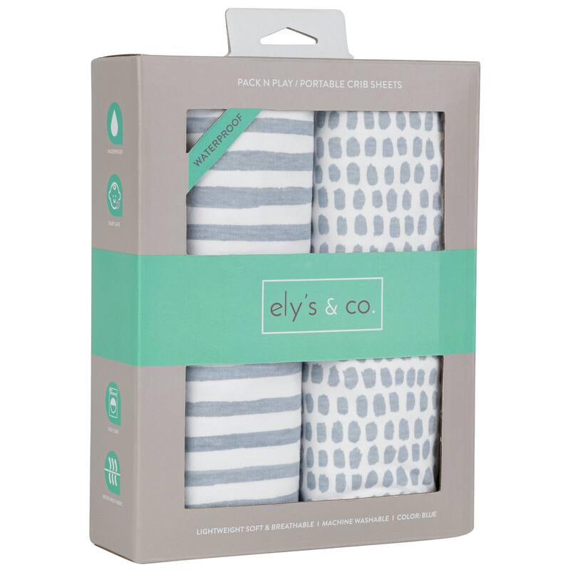 Ely's & Co. Waterproof Pack n Play - Mini Crib Sheet Set - 2 Pack - 38" x 24" - Misty Blue Stripes & Splash