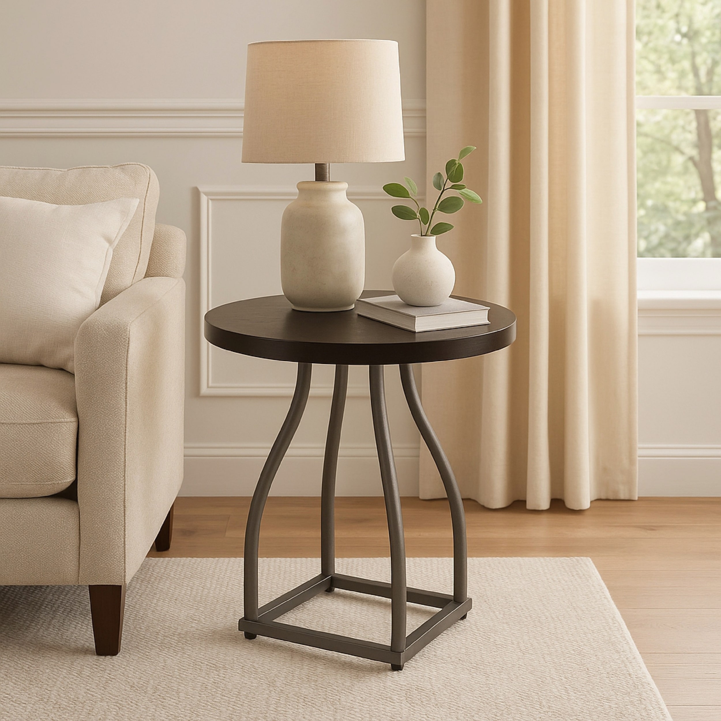 Accent Table with 20 Inch Round Wood Laminate Top and Sturdy Black Metal Base for Modern Interiors
