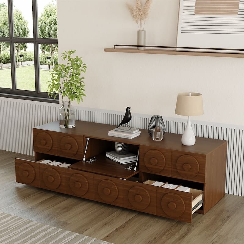 Modern 1-4 Pieces Modular Walnut Color Cabinets,TV Stands with Brown Solid Wood Veneer, Drawers & Caninets