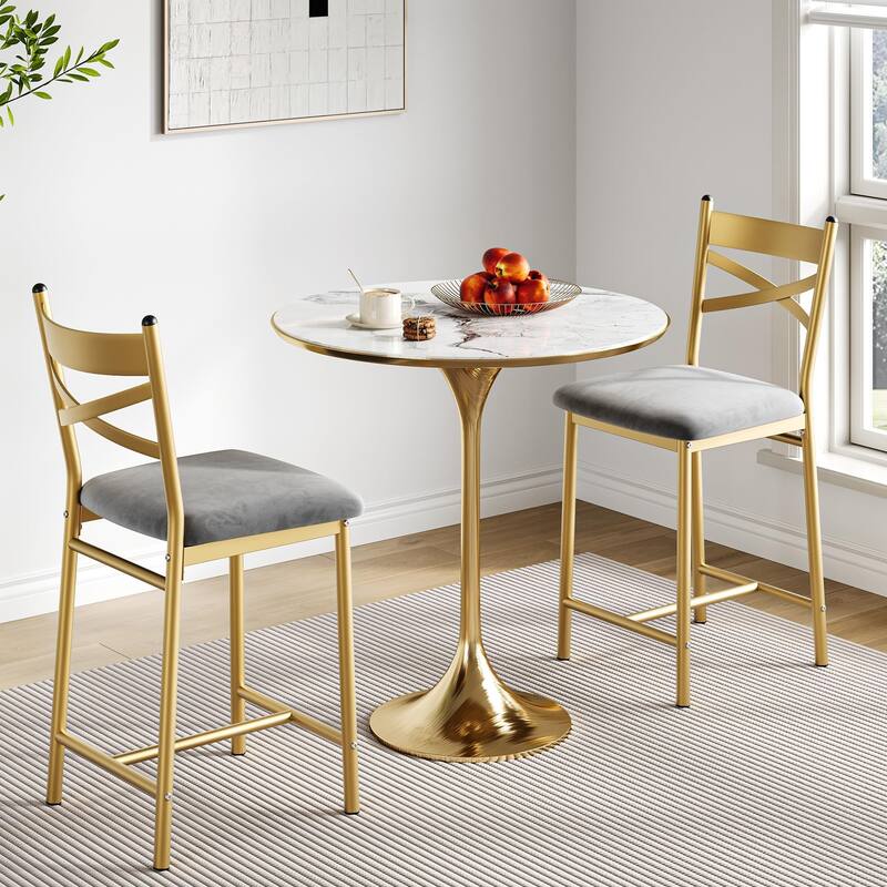 Metal Counter Height Bar Stools with X-Back & PU Leather Cushion, Waterproof Dining Chairs for Kitchen or Restaurant