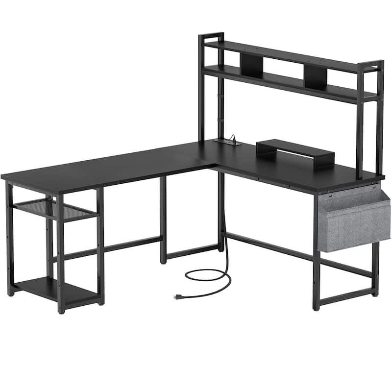 L-Shape Gaming Desk Wood Office Computer Table with Hutch and USB Port - Black