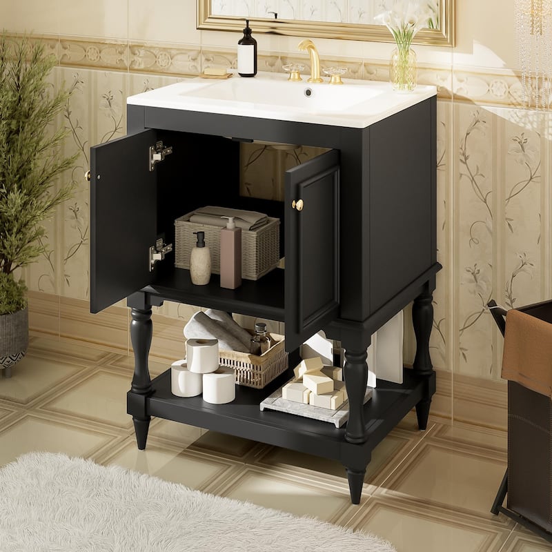 24" Modern Luxury Bathroom Vanity with Ceramic Sink, Compact Cabinet with Open Shelf & Closed Storage - Black