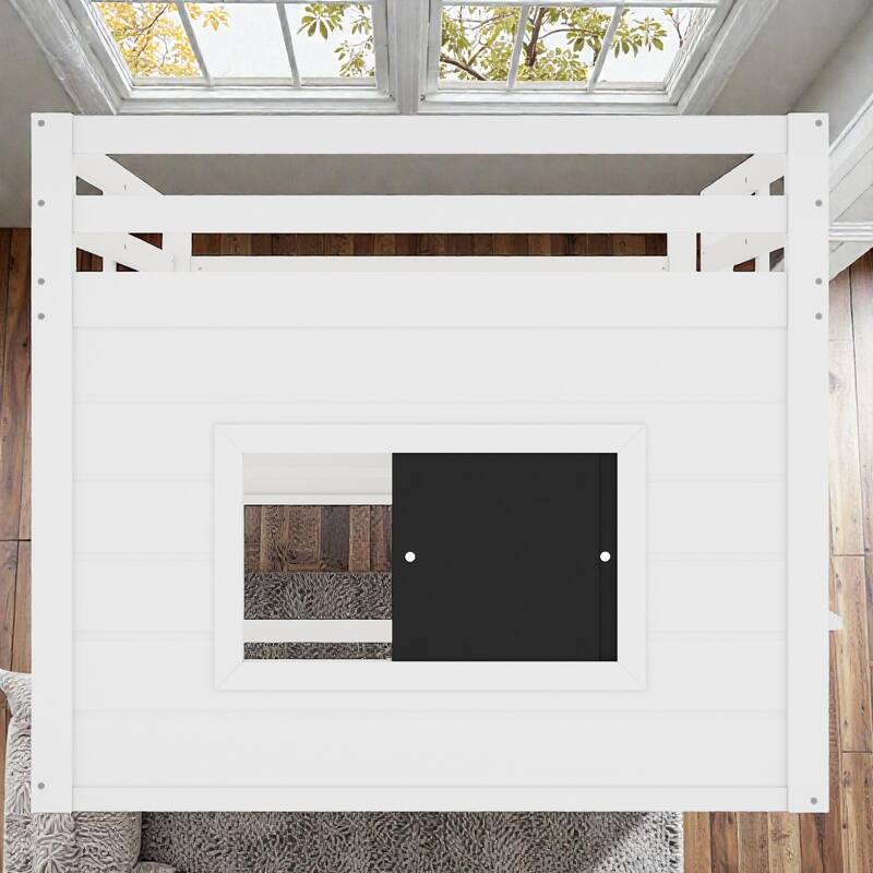Twin/Full Loft Bed with Sliding Chalkboard, Built-in Bookshelf, Solid Wood Frame & Safety Guardrails, Kids Playhouse Bed