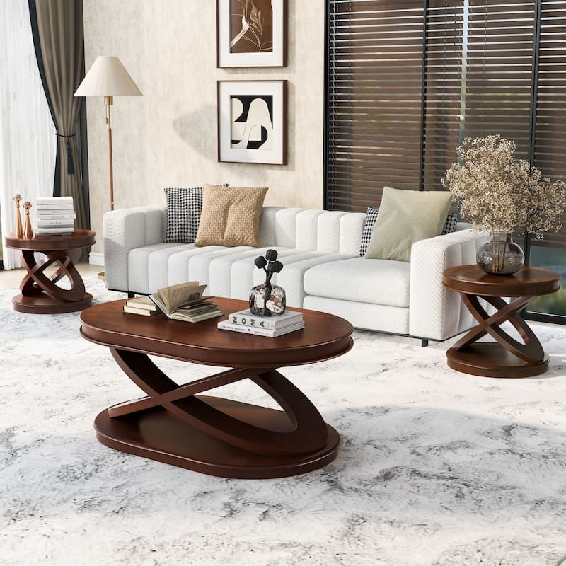 Oval Coffee Table & Round End Tables Set of 3, Retro Wood Table Sets with X-shaped Structure Base and Non-slip Foot Pads - Walnut