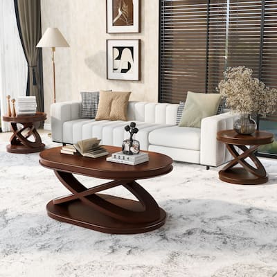 Oval Coffee Table & Round End Tables Set of 3, Retro Wood Table Sets with X-shaped Structure Base and Non-slip Foot Pads