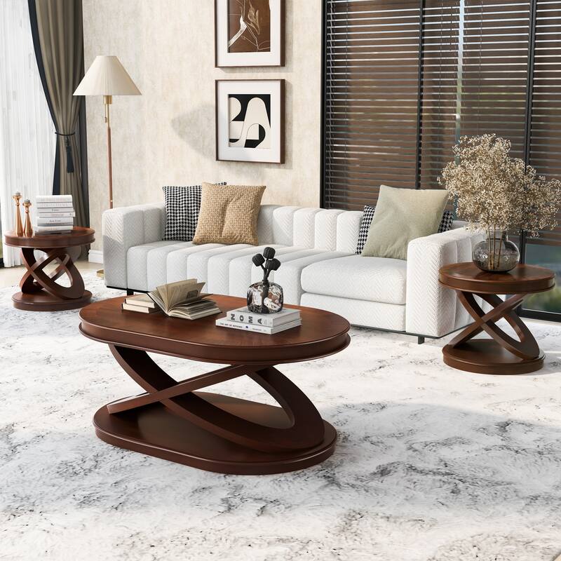 Oval Coffee Table Cocktail Table with X-Shaped Wood Legs, Wood Center Table Accent Table with Round End Table Set of 2 - Walnut