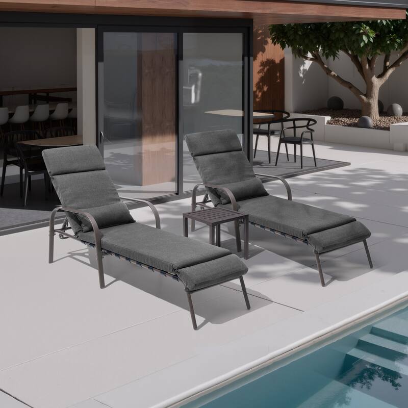 Outdoor Cushioned Chaise Lounge Chairs Adjustable Reclining Sun Lounger with Side Table - Dark Grey - Set of 3