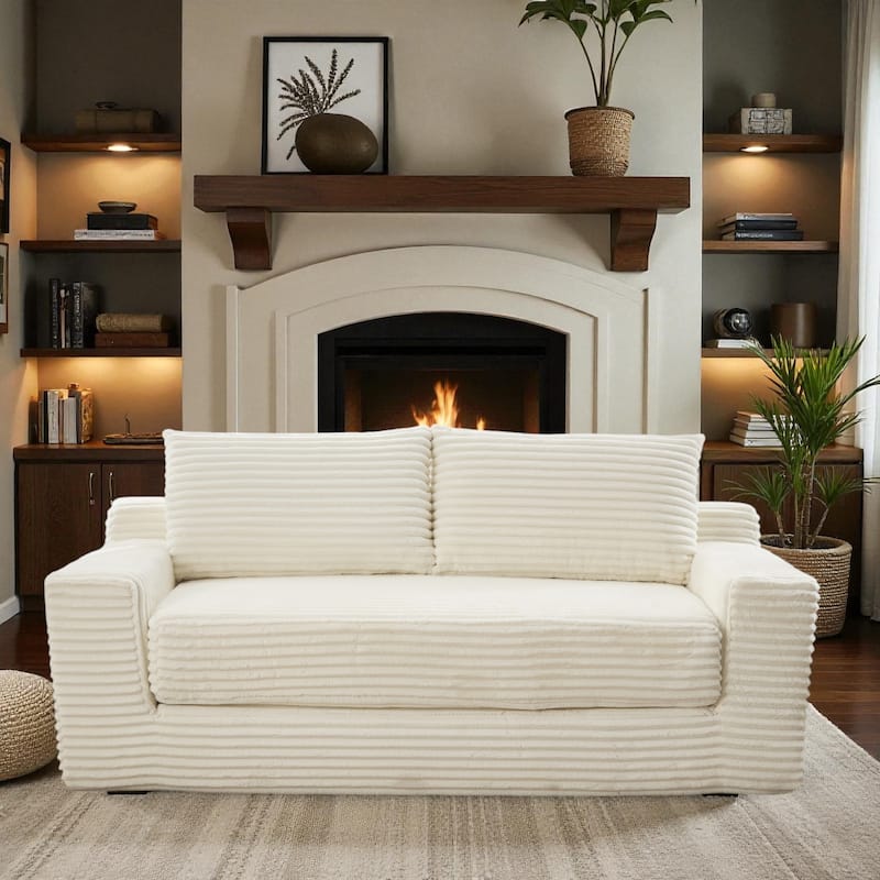 Convertible Memory Foam Loveseat Sofa Bed, No-Assembly Corduroy 2-in-1 Couch with Steel Frame for Small Spaces - Beige