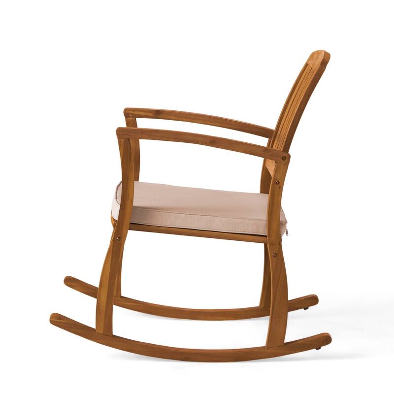 Bang Outdoor Rocking Chair w Cushion, Slatted Back, Brown Acacia Wood