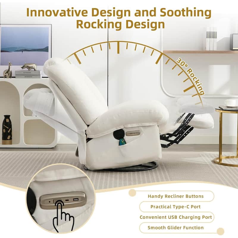 Shell Shape Power Recliner Chair, Chenille Fabric Swivel Rocker Recliner with Bluetooth Speaker