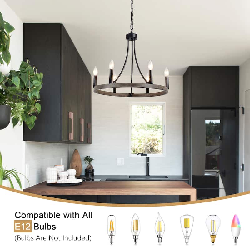 6-Light Farmhouse Candle Circle Hanging Wagon Wheel Chandelier Lighting for Kitchen Island