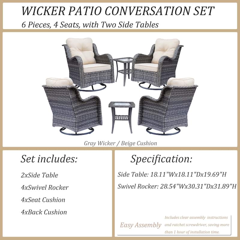 6 Piece Outdoor High Back Wicker Patio Conversation Swivel Chairs Sets