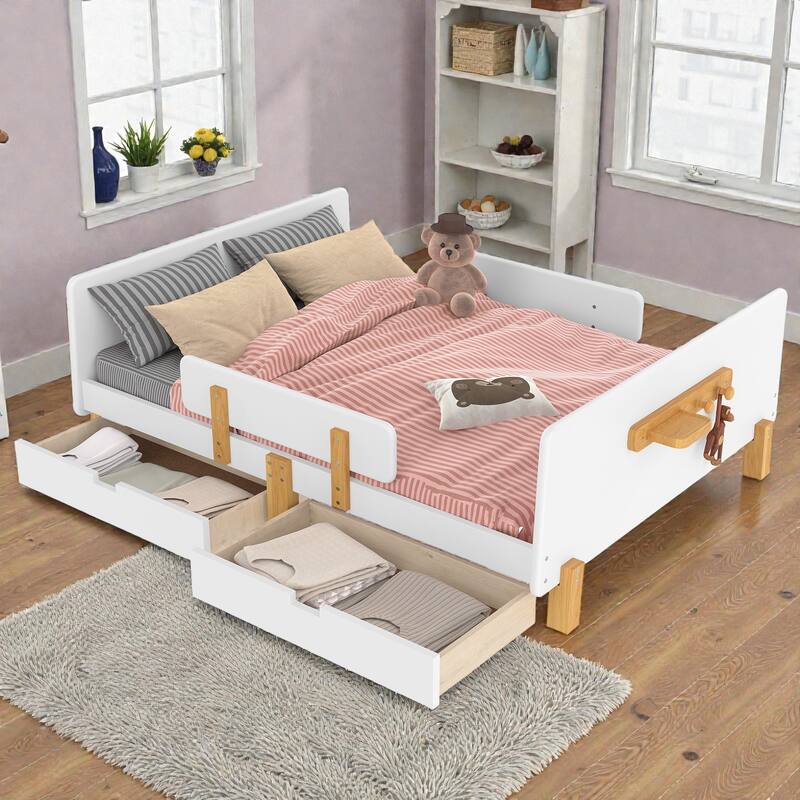 Twin/Full Wood Platform Bed with Storage Drawers, Guardrail, Shelf & Hooks, Solid Wood Frame, No Box Spring Needed