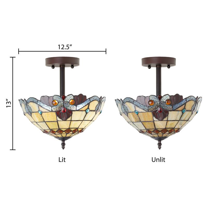 Mila River of Goods Red/Amber/Blue Stained Glass Bowl Shade 13-Inch Ceiling Light - 12.5" x 12.5" x 13"