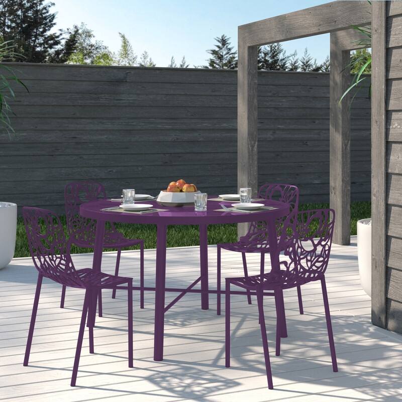 Devon Stackable Outdoor Aluminum Dining Chair with Floral Cutout, UV-Protected, Weather-Resistant Patio Seating - Purple