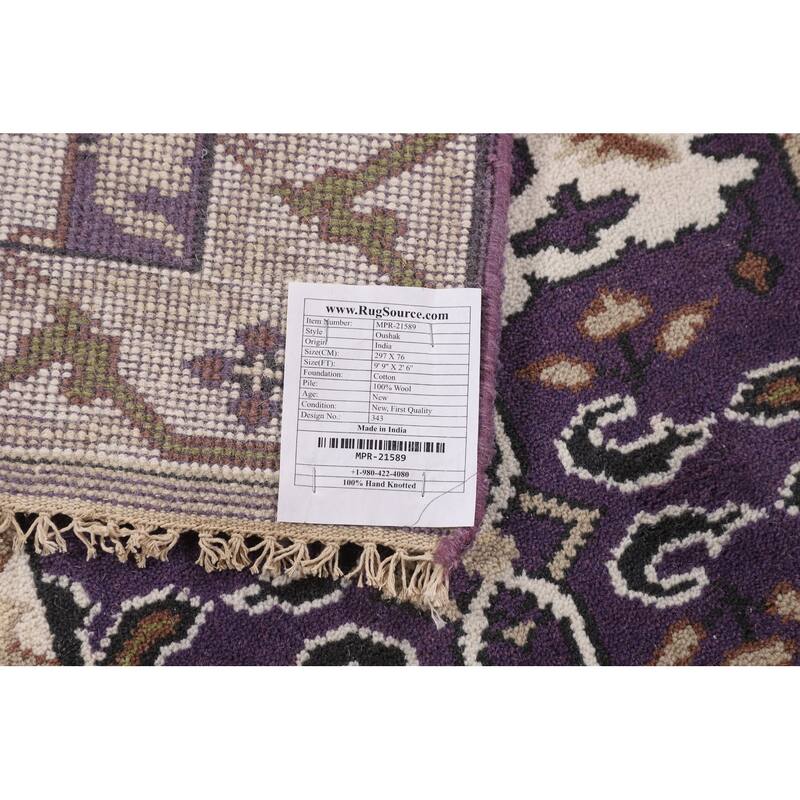Purple & Ivory Oushak Oriental Runner Rug Hand-Knotted Wool Carpet - 2'6"x 9'9"