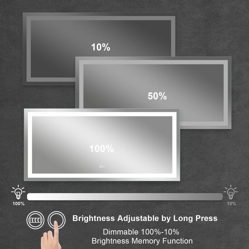 28'' H x 60'' W LED Bathroom Frameless Mirror Anti-Fog With Touch Switch Memory(Horizontal/Vertical) - Silver