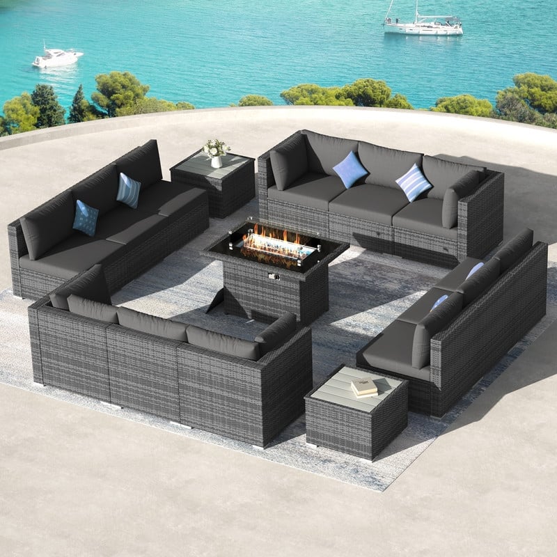 FINCATI 15-Piece Grey Wicker Patio Conversation Set with 43" Fire Pit