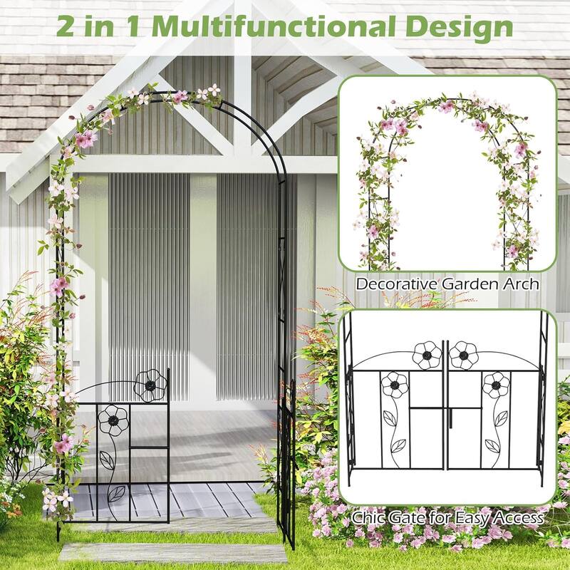 90" Sturdy Metal Garden Arch 2 in 1 Garden Arbor Entry Arbor w/Gate