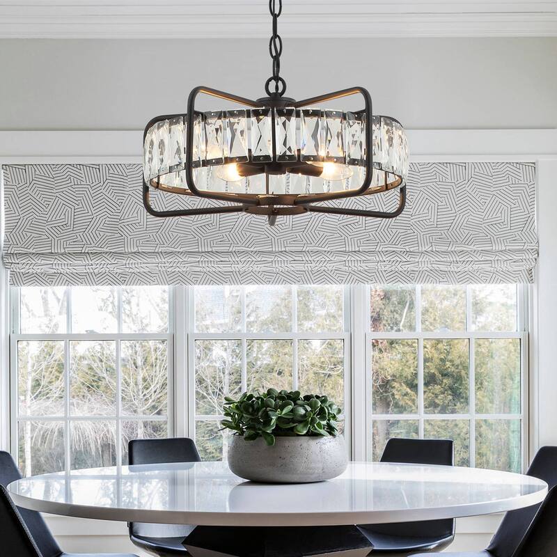 Modern Matte Black 4-Light Crystal Chandelier for Dining Room - 16.9" D x 16.9" W x 8.7" H - 16.9" D x 16.9" W x 8.7" H