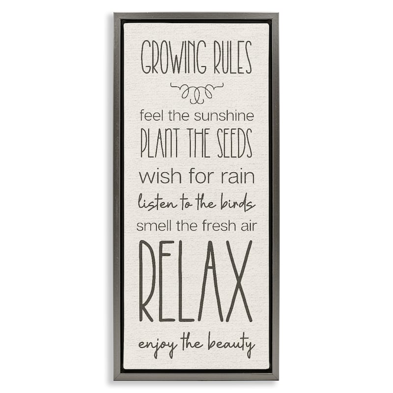 Stupell Serene Gardening Rules Framed Floater Canvas Wall Art Design By Lil' Rue - 15 x 31 - Grey