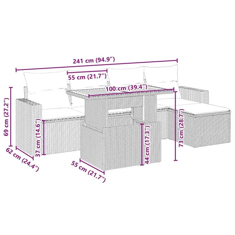 6-Piece Garden Sofa Set with Cushions - 21.7 x 39.4 x 28.7 in