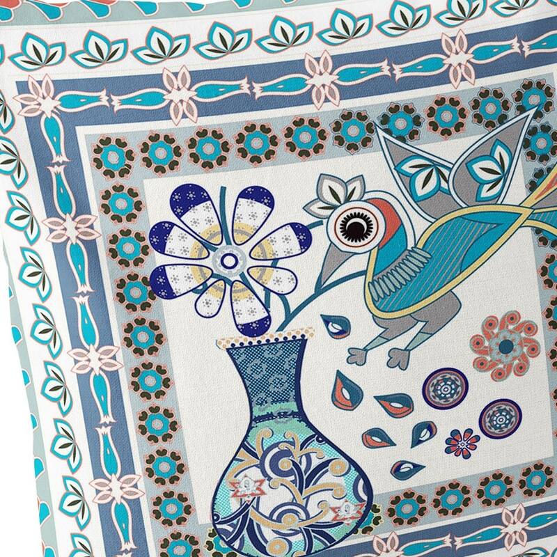 HomeRoots Set of Two 16" X 16" Blue and Off White Peacock Blown Seam Floral Indoor Outdoor Throw Pillow