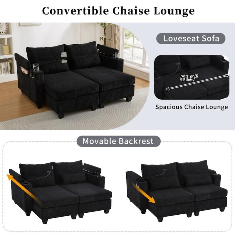 63" Corduroy Convertible Loveseat Sofa Bed with USB Ports, Two Cup Holders, A Phone Holder for Living Room
