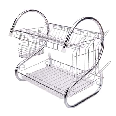 2 Tier Dish Drainer Multifunctional S-shaped Dual Layers Silver