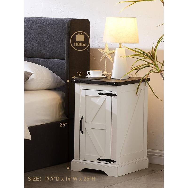 Farmhouse Nightstand with Charging Station, Wood Rectangular End Table