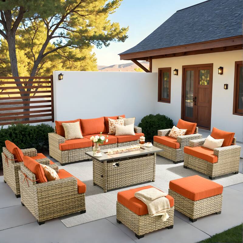 HOOOWOOO 10-piece Outdoor Wicker Wide Arm Patio Furniture Set with Fire Pit - Red/Orange