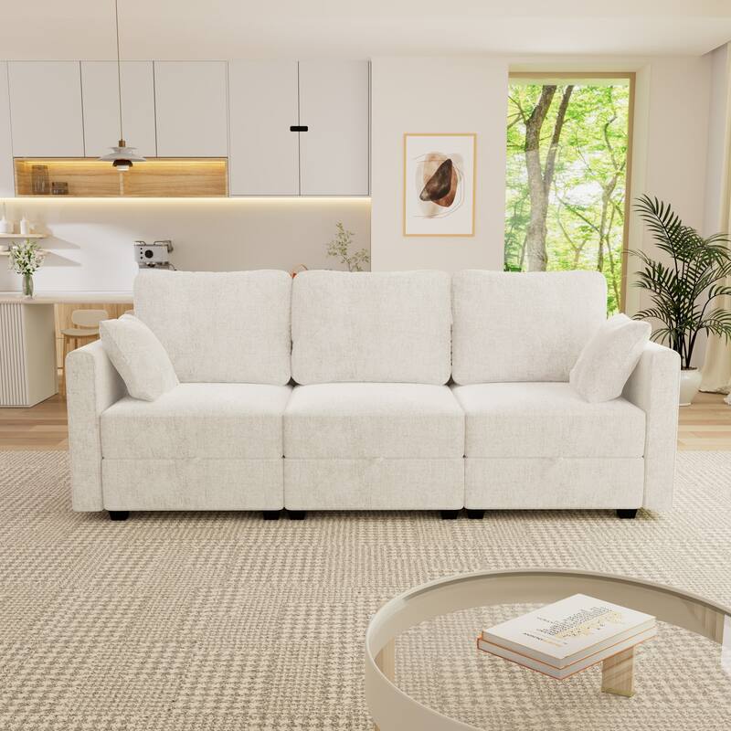 3-Seat Sofa with Hidden Chaise Storage & Cloud-Like Cushions - Beige