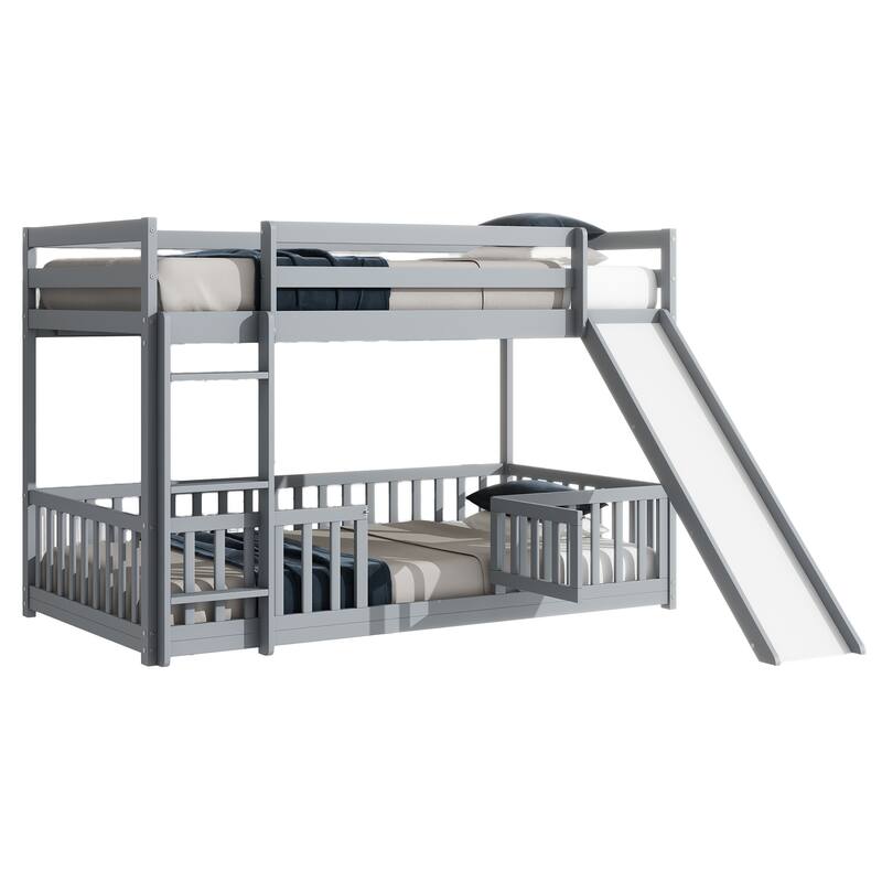 Twin Over Twin Low Pine Wood Bunk Bed with Guardrails, Slide and Ladder for Kids, No Slats Toddler Floor Bed with Fence and Door