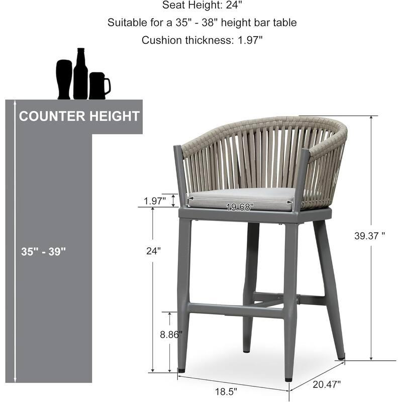 PURPLE LEAF Outdoor Bar Stools Set of 2 Patio Metal Modern Wicker Bar Chairs Woven Aluminum Barstools