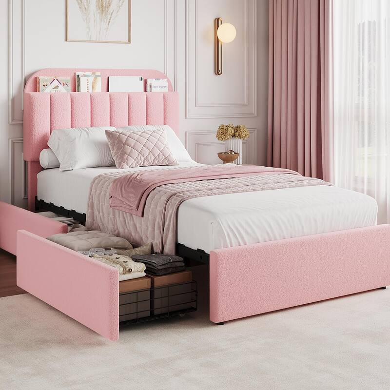 Twin/Full Bed Frame with 2 Flexible Drawers and Bookcase Headboard, Boucle Upholstered Platform Bed for Boys/Girls - Twin - Pink