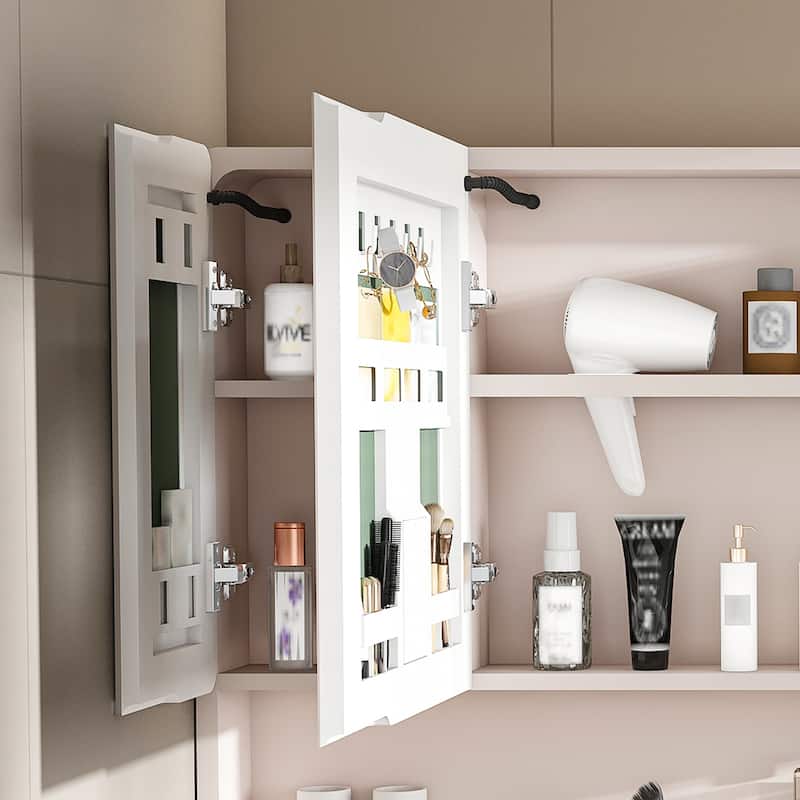 White Aluminum Bathroom Cabinet with LED Mirror and Defogging Glass and Large Storage Shelves - 35" x 28"