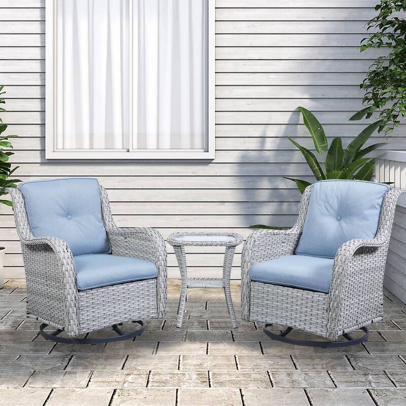 Gymojoy Wicker Swivel Glider Chair with Water-Resistant Olefin Cushions - 3-Piece with Side Table - Light Gray Wicker / Babyblue Cusion