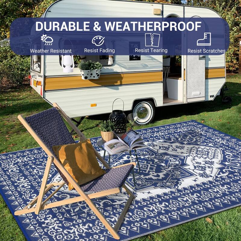 Outdoor Patio Rug Waterproof Reversible Carpet Vintage Boho Medallion Rug Plastic Straw Rug