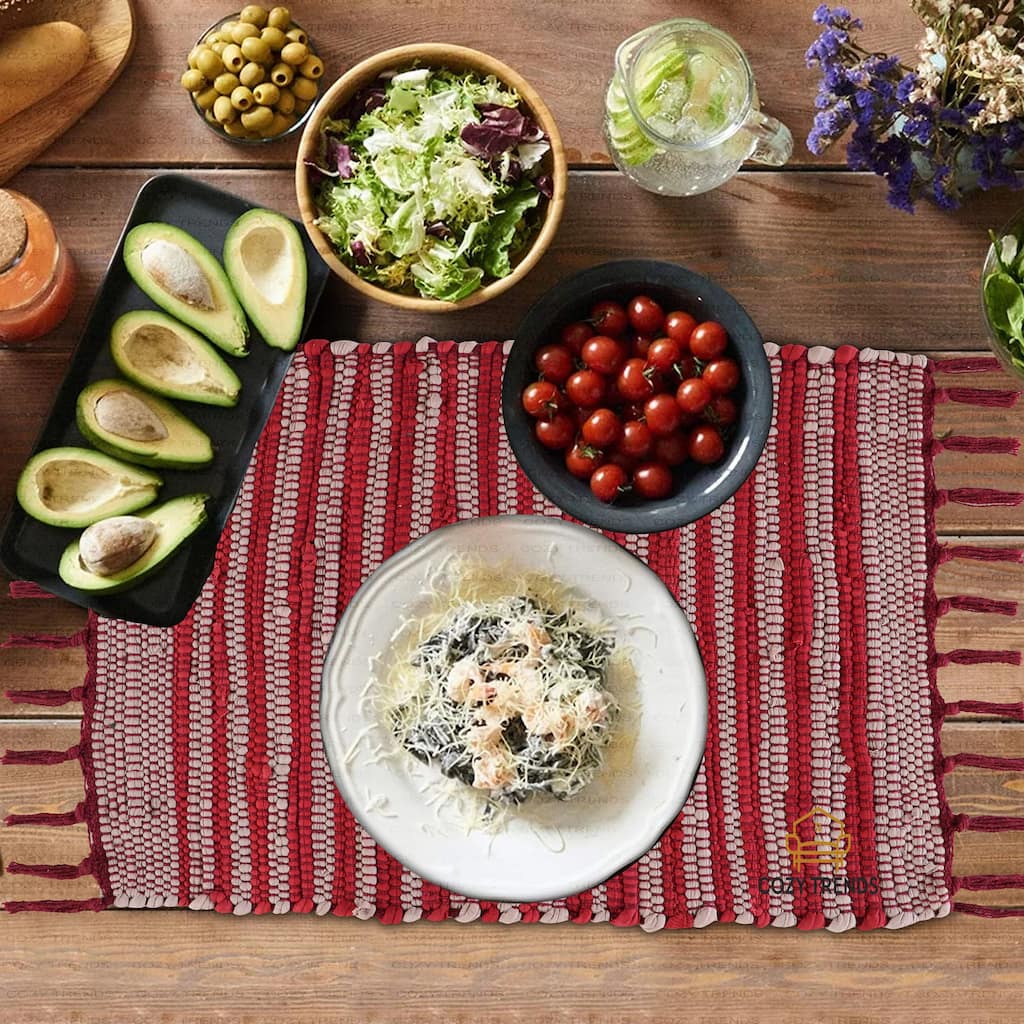 Cotton Hand Woven Placemats for Dining Room - Rectangle 14''x20'' with Fringes (Set of 2)