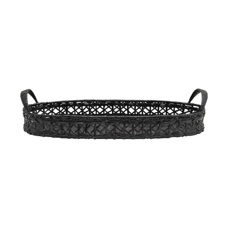 Decorative Hand-Woven Rattan Tray with Handles, Black - Black