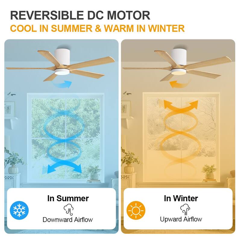 WINGBO 52" Solid Wood DC Motor Integrated LED Hugger Ceiling Fan with Remote