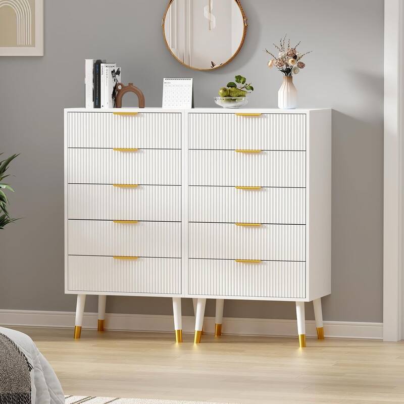 5-Drawer Wood Dresser Chest for Bedroom, Storage Cabinet Organizer, Set of 2
