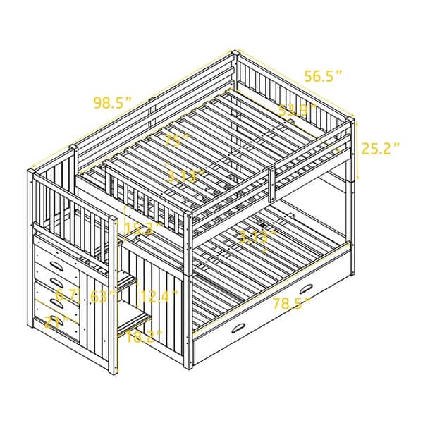 White Full Over Full Solid Pine Bunk Bed with Twin Trundle, 4-Drawer Storage, Versatile Staircase, Safety Guardrail