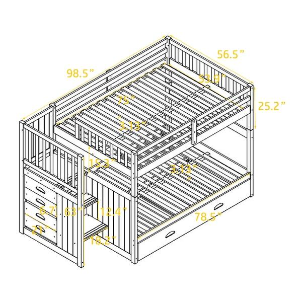 White Full Size Pine Wood Bunk Bed with Twin Trundle, Drawers, Storage Racks, and Staircase, Convertible Configuration
