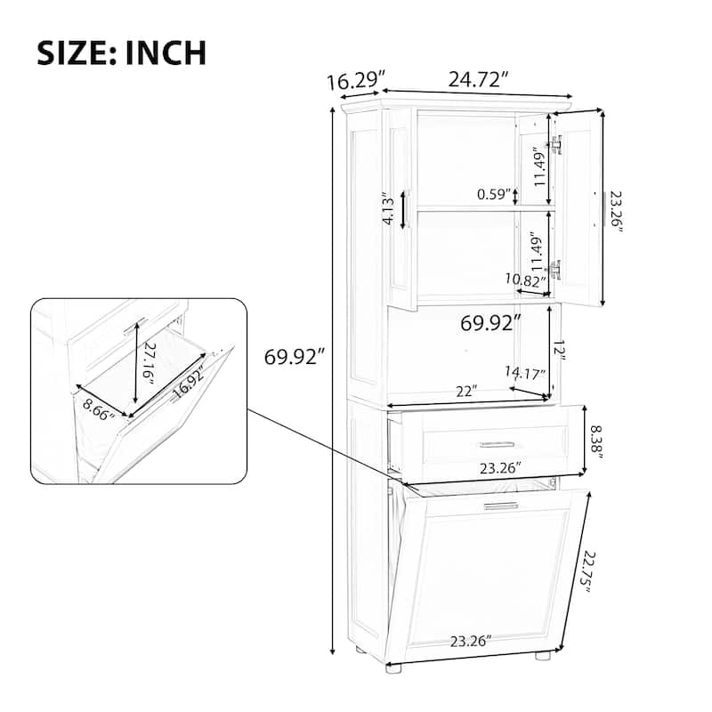 Tall Bathroom Cabinet with Tilt-Out Laundry Basket and Upper Storage Cabinet