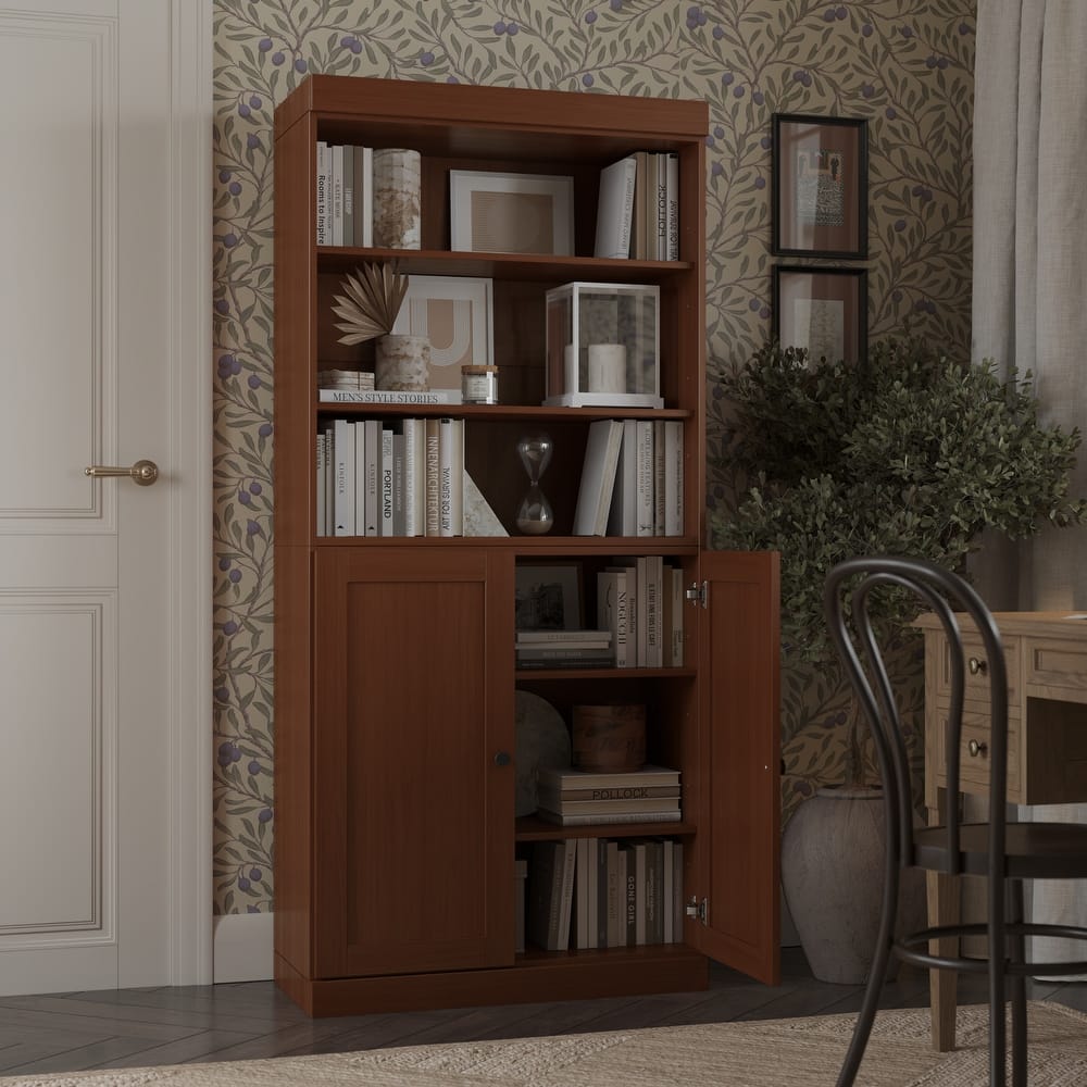 Solid Wood Tall Bookcase with Doors, Adjustable Shelves, Modular Storage, Open Display Bookshelf, 32" W x 71.5" H
