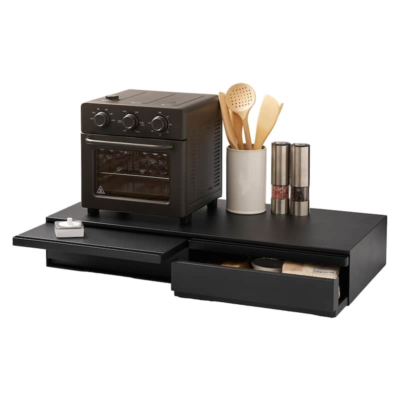 Yamazaki Home Countertop Drawer with Pull-Out Shelf - Wide, Steel - L 25.31 x W 31.5 x H 5.31 inches - Black